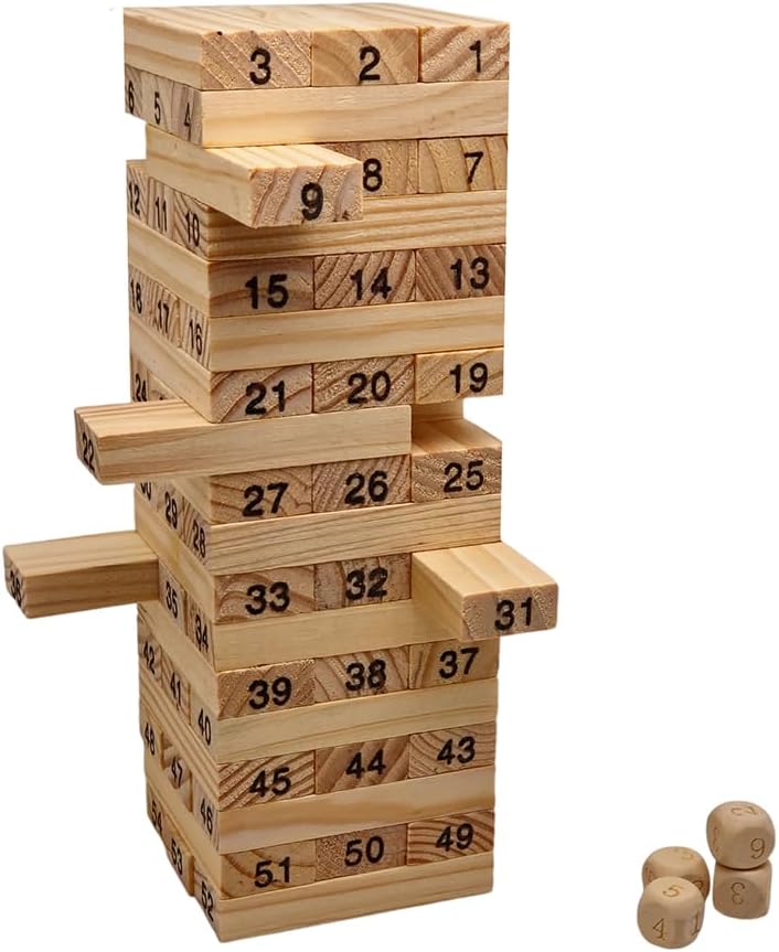 Set di blocchi di legno con dadi numerati – Gioco di equilibrio, costruzione e abilità motorie – Tutte le età