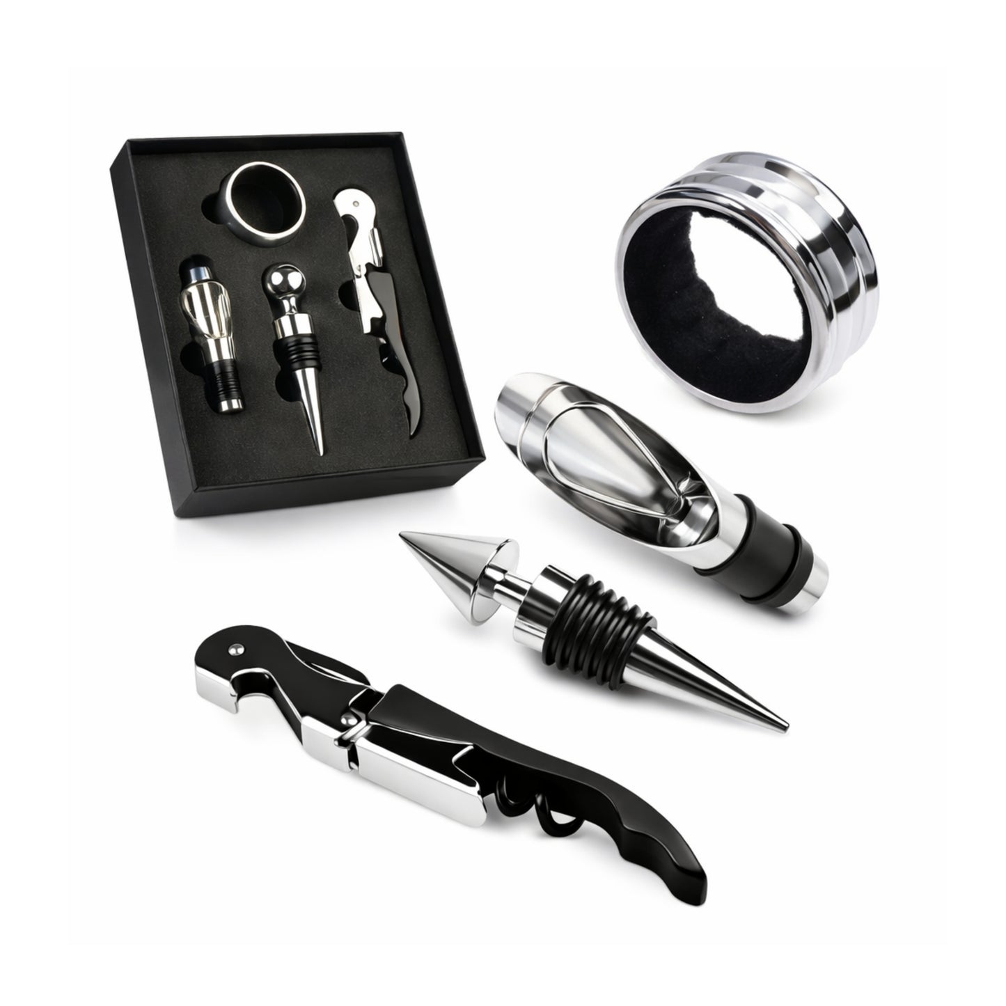 Coffret Vin 4 Accessoires en Acier Inoxydable