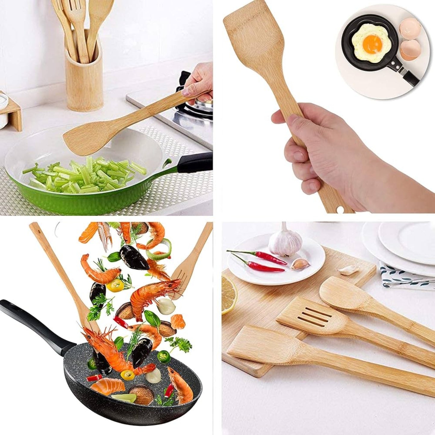 Set Ustensiles de Cuisine en Bois – 30 cm avec Support