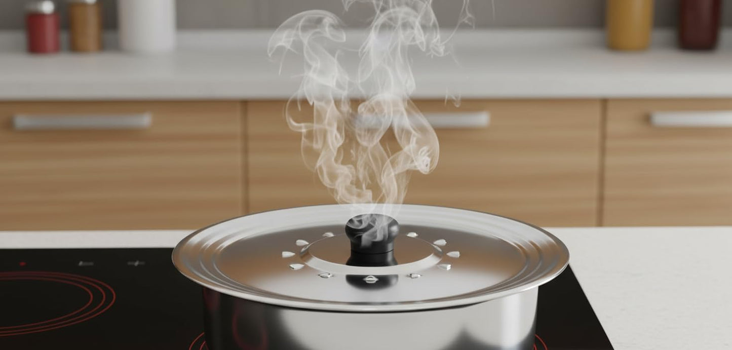 Coperchio universale anti-schizzi in acciaio inox – con sfiati per il vapore e maniglia – per pentole e tegami (da 16 a 24 cm)