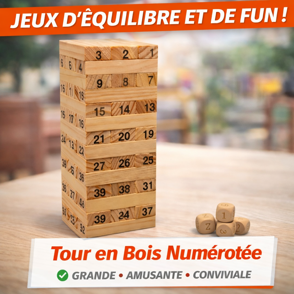 Set di blocchi di legno con dadi numerati – Gioco di equilibrio, costruzione e abilità motorie – Tutte le età