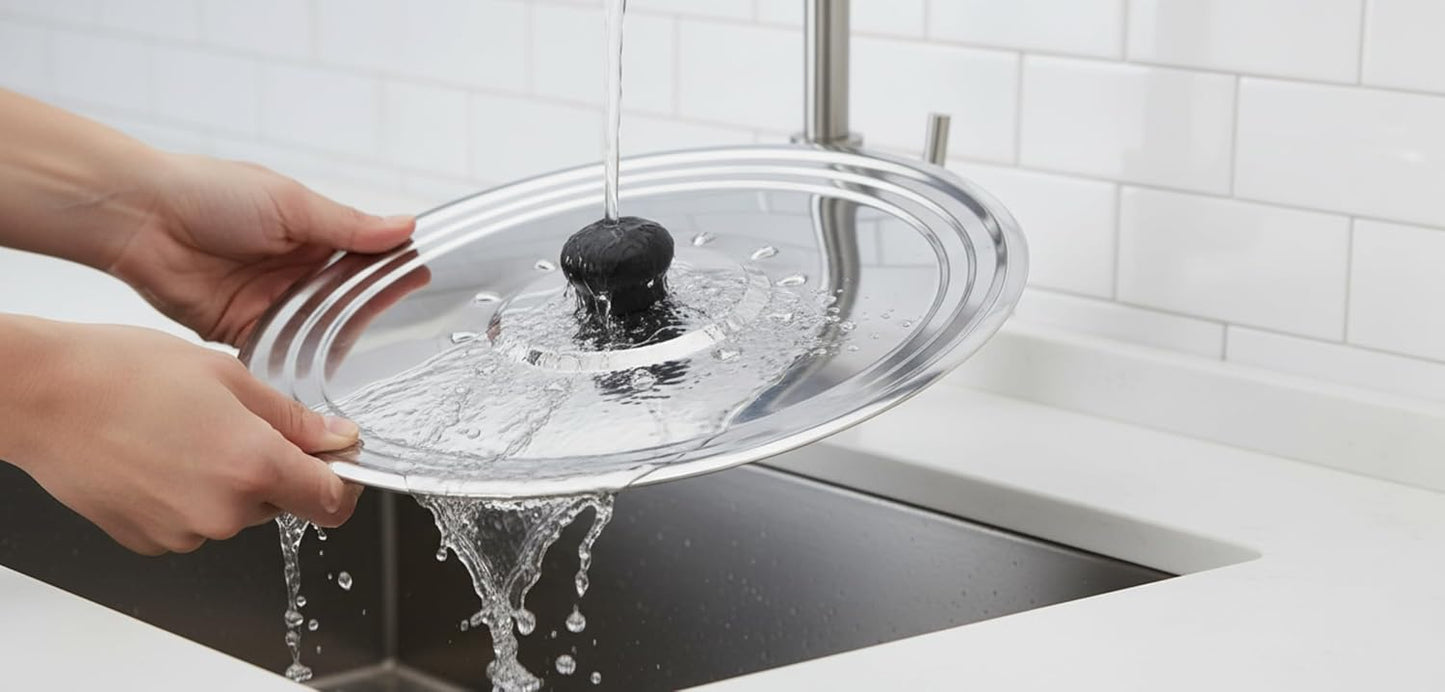 Coperchio universale anti-schizzi in acciaio inox – con sfiati per il vapore e maniglia – per pentole e tegami (da 16 a 24 cm)