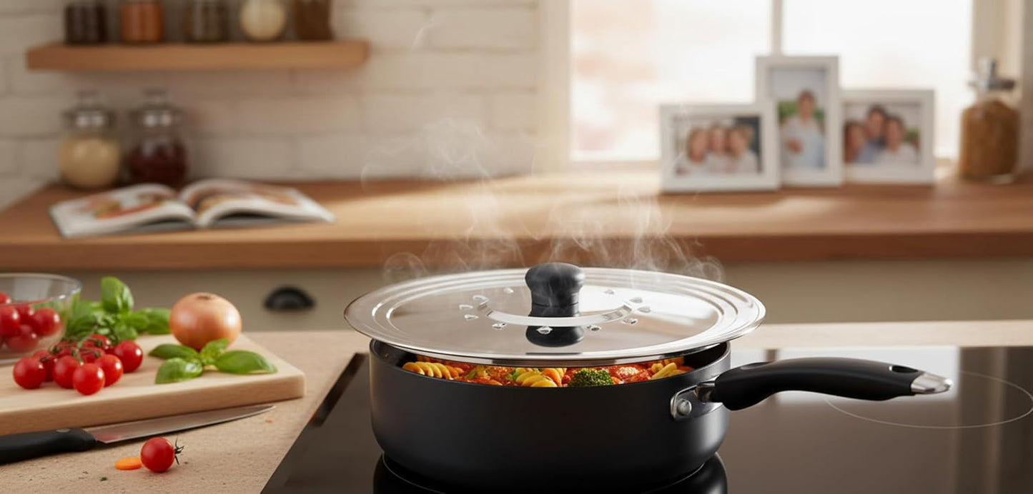 Coperchio universale anti-schizzi in acciaio inox – con sfiati per il vapore e maniglia – per pentole e tegami (da 16 a 24 cm)
