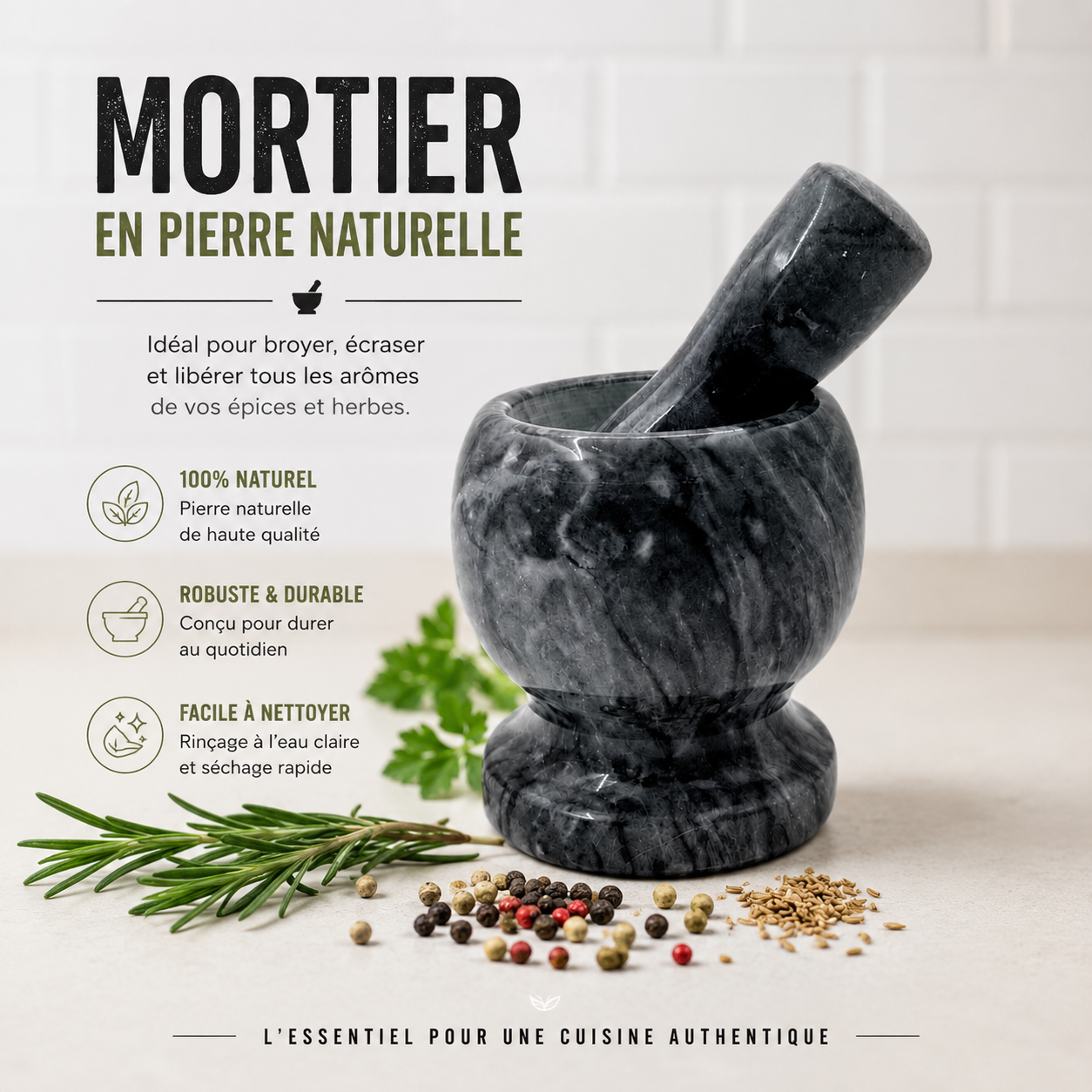 Mortier et Pilon en Marbre Noir – Broyeur Manuel pour Épices