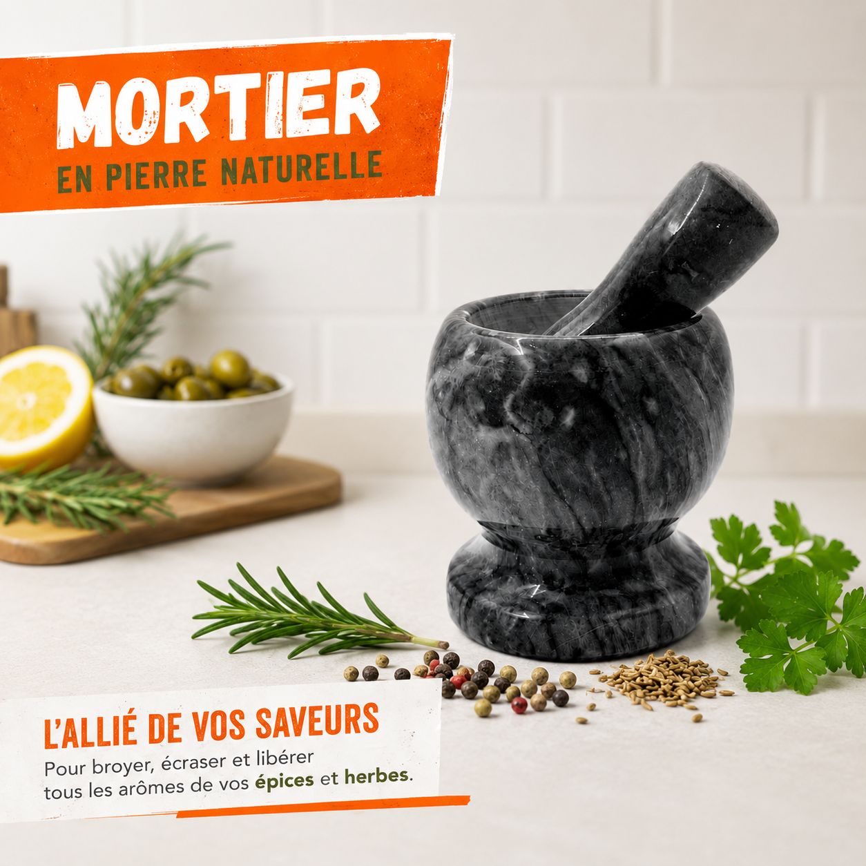Mortier et Pilon en Marbre Noir – Broyeur Manuel pour Épices
