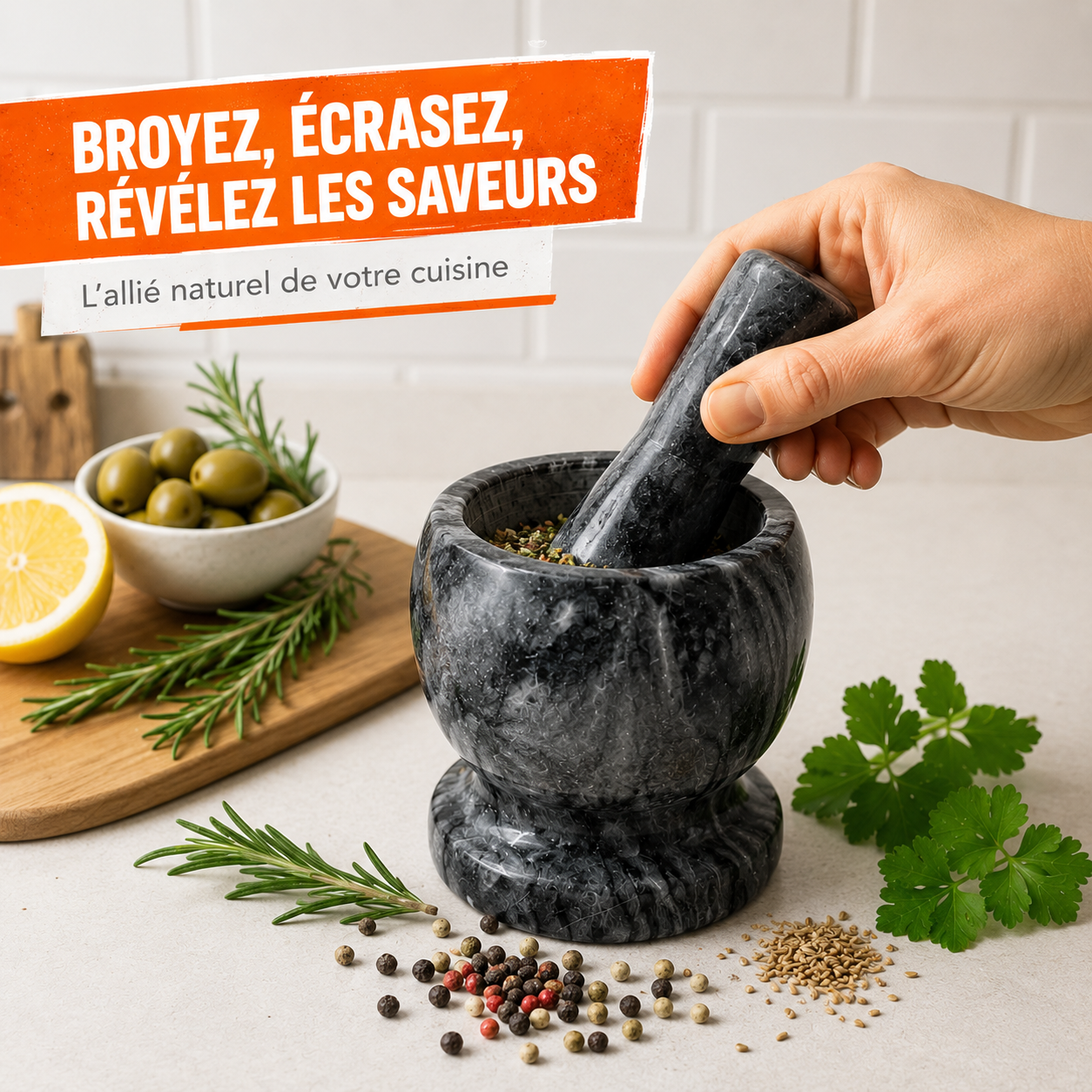 Mortier et Pilon en Marbre Noir – Broyeur Manuel pour Épices