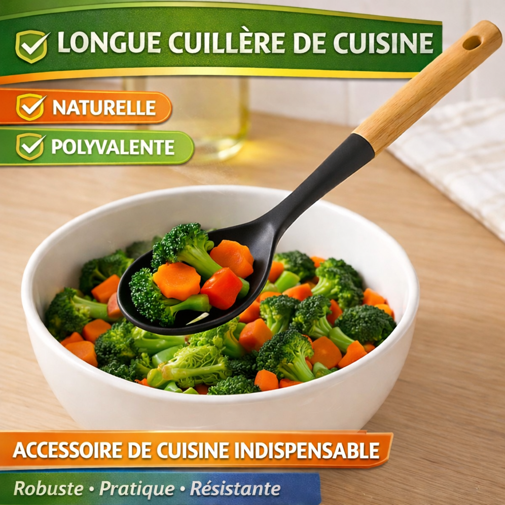 Cucchiaio da cucina lungo – Manico in legno e punta in nylon resistente – Utensile antiaderente per mescolare e cucinare