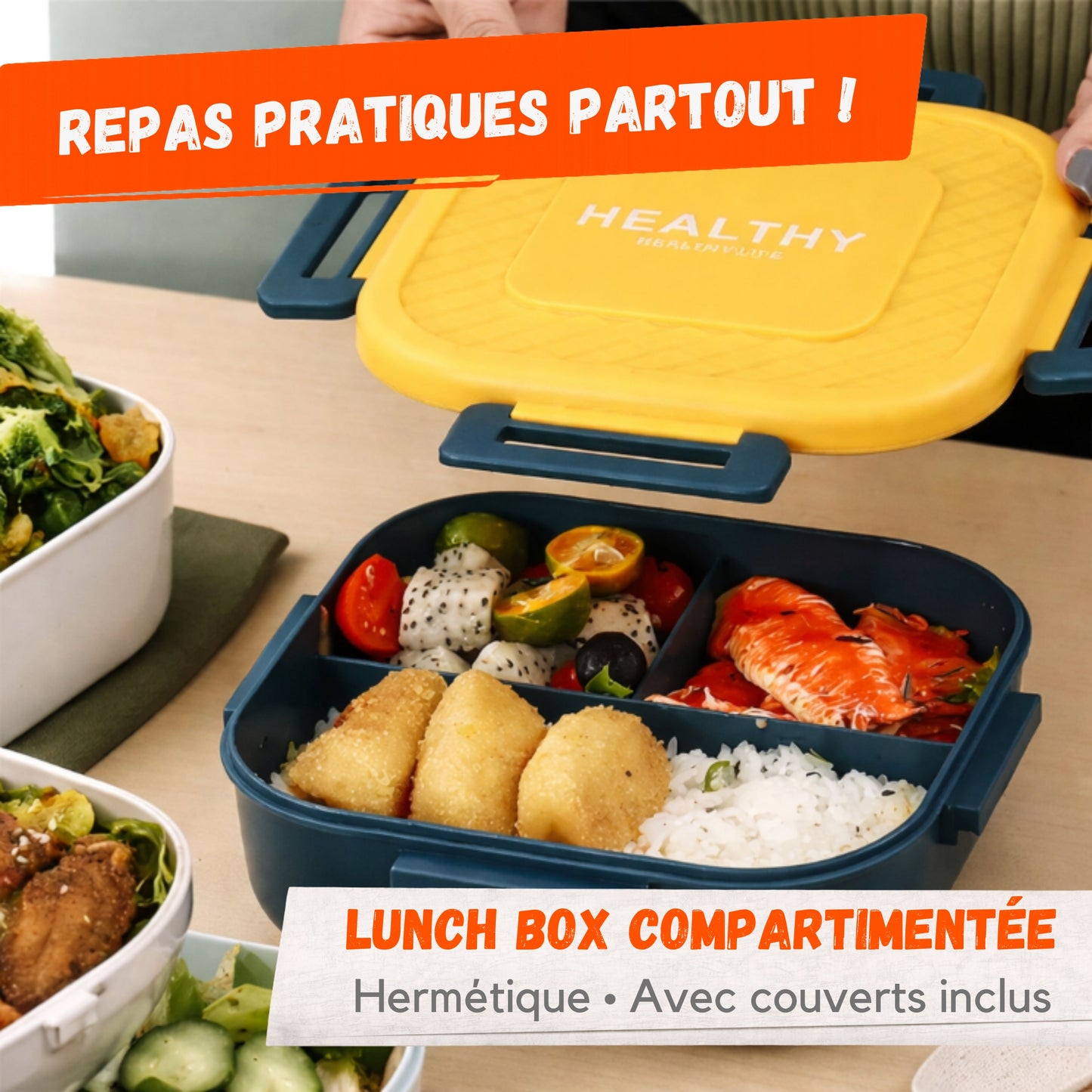 Lunch Box Compartimentée 19×19×7 cm – Hermétique avec Couverts