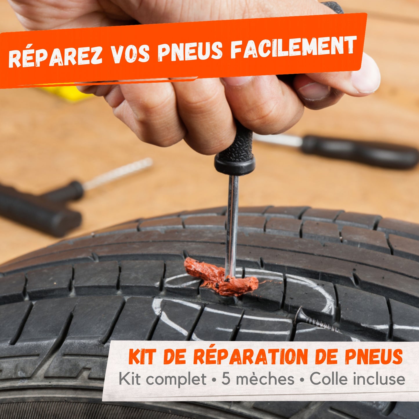 Kit Réparation Pneu Tubeless – 5 Mèches 100 mm + Colle 10 ml