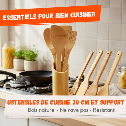 Set Ustensiles de Cuisine en Bois – 30 cm avec Support