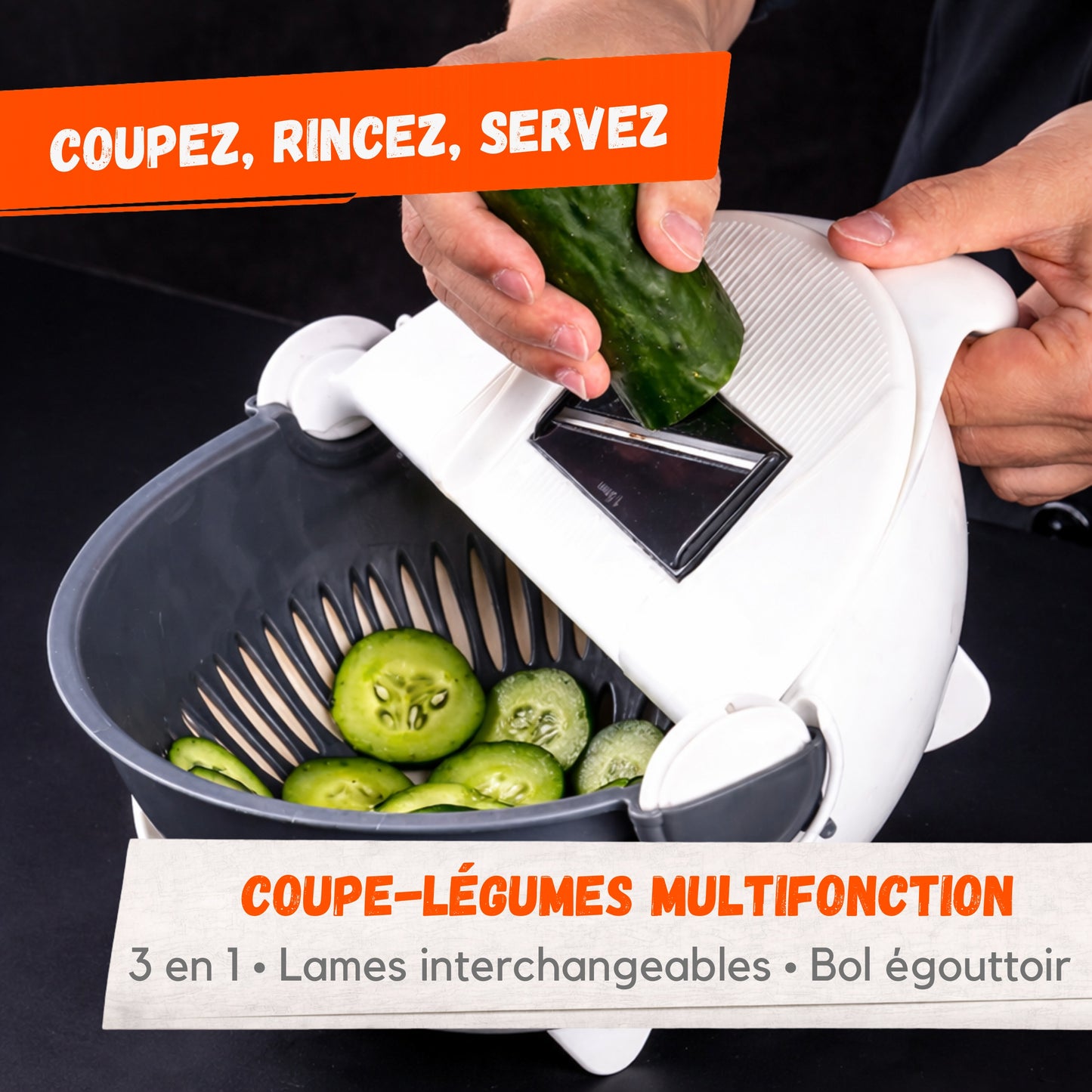 Coupe-Légumes Multifonction 3 en 1 avec Bol Égouttoir