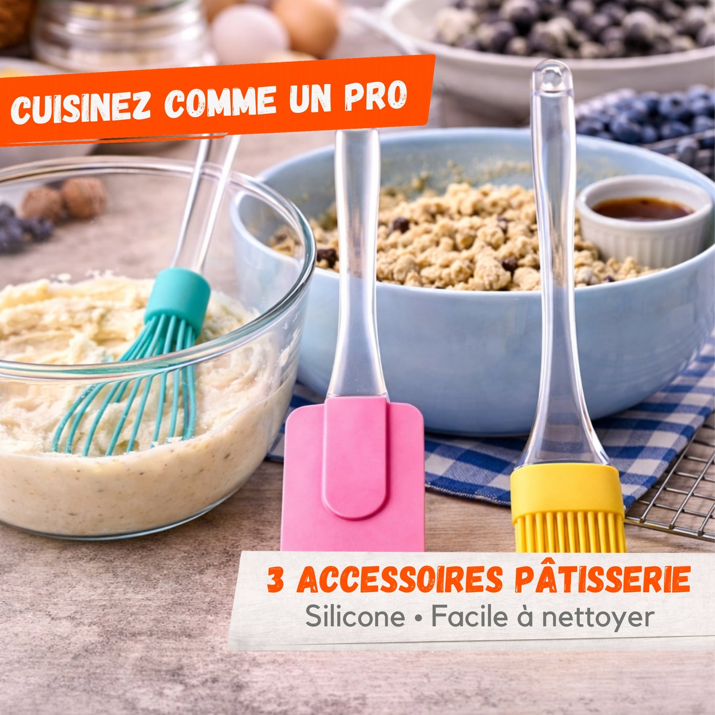 Lot de 3 Accessoires Pâtisserie en Silicone - Fouet, Spatule et Pinceau