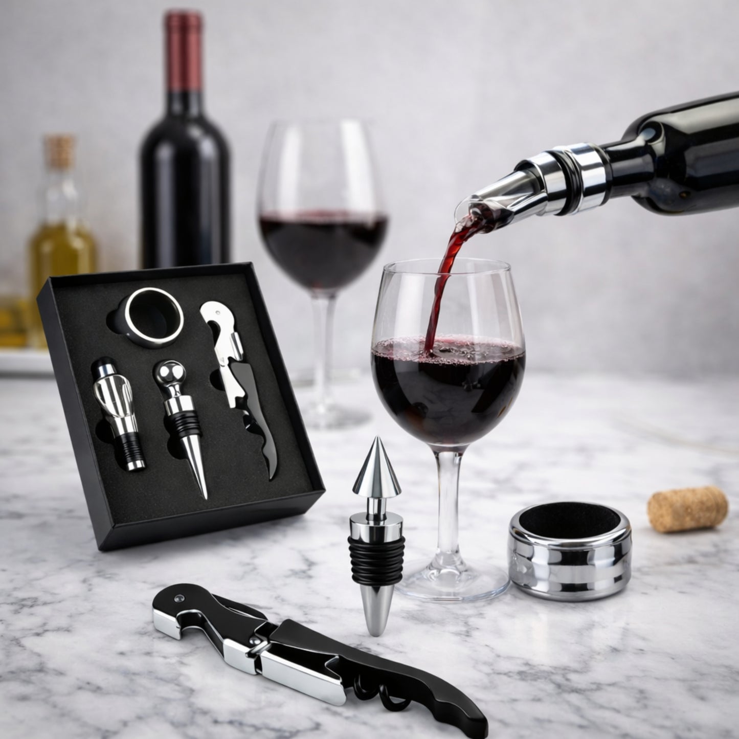 Coffret Vin 4 Accessoires en Acier Inoxydable