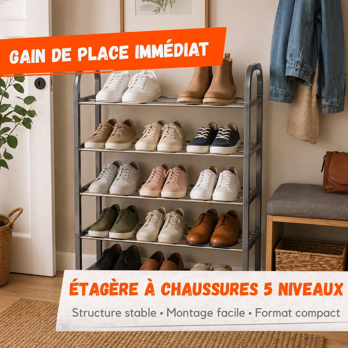 Étagère à Chaussures 5 Niveaux – Range 15 Paires – Couleur Aléatoire