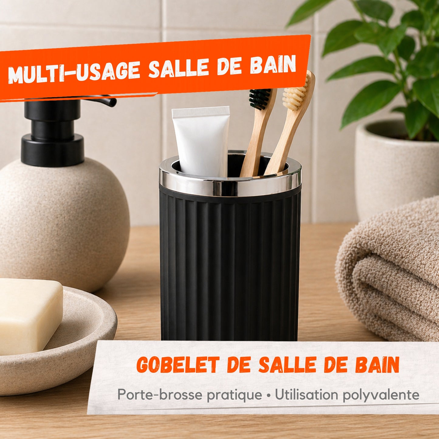 Gobelet Salle de Bain Anthracite – Porte Brosse à Dents Multi-Usage