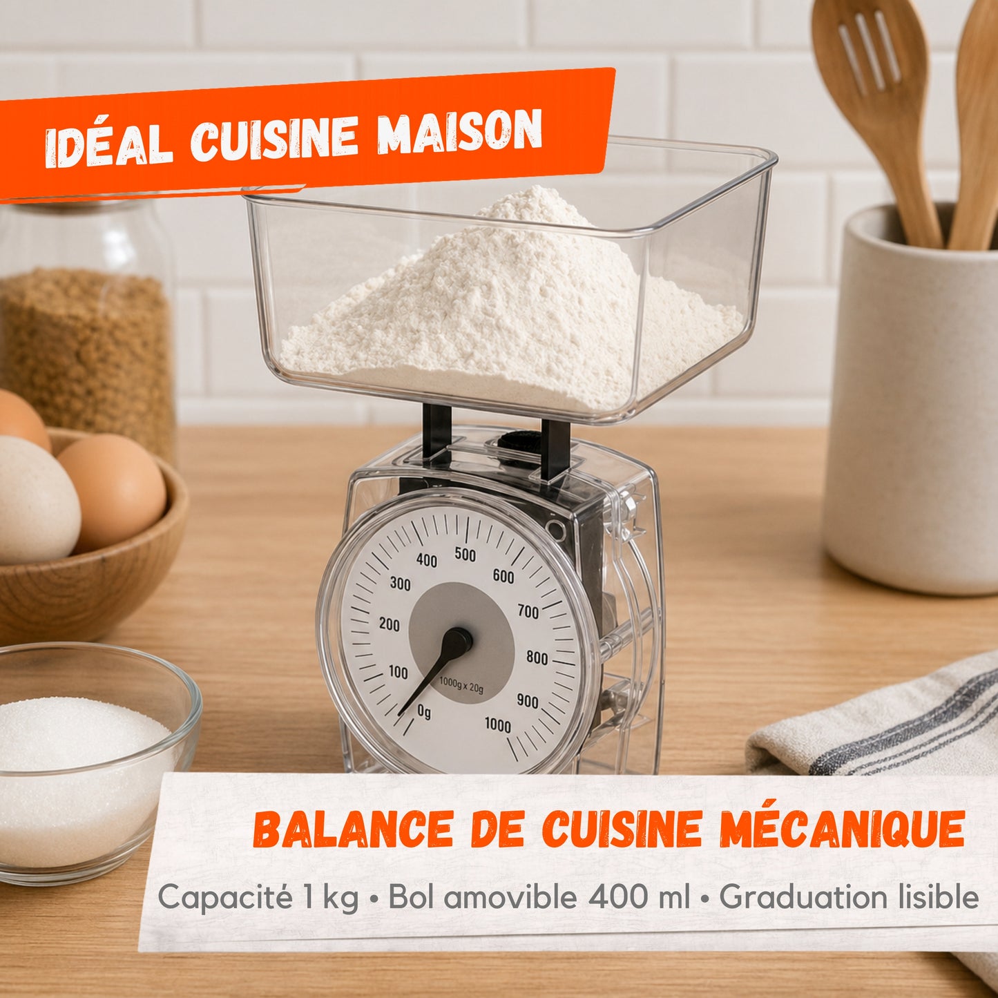 Balance de Cuisine Mécanique 1 kg – Bol Transparent 400 ml
