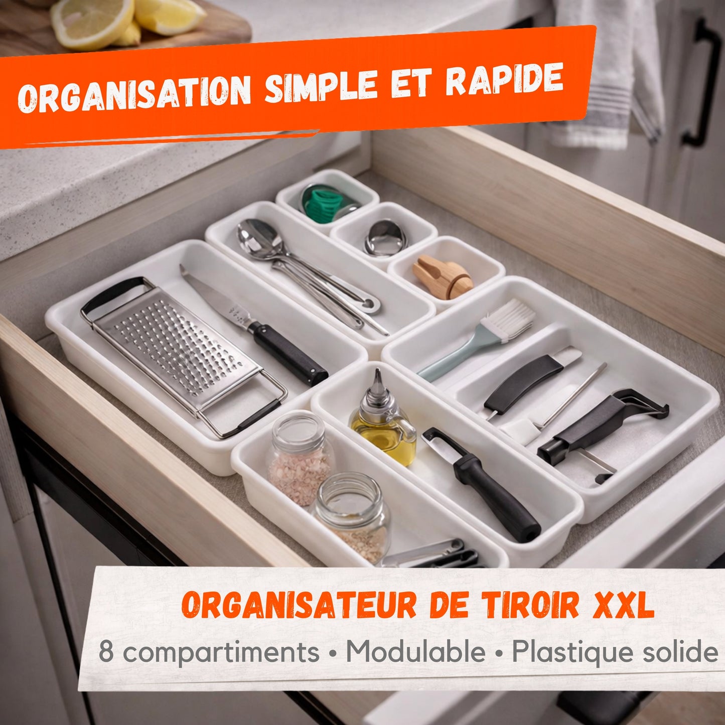 Organisateur de Tiroir Modulable XXL – 8 Compartiments Ajustables