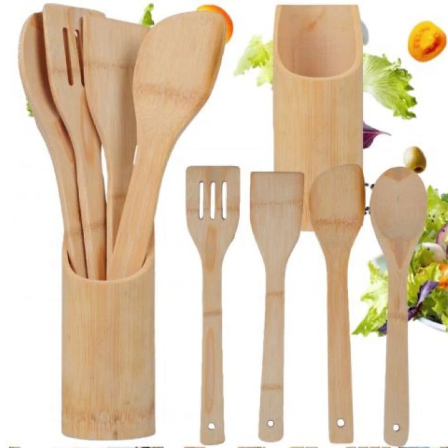 Set Ustensiles de Cuisine en Bois – 30 cm avec Support