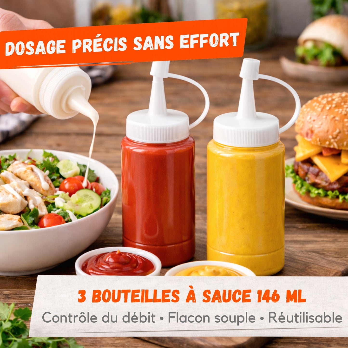 Lot de 3 Bouteilles à Sauce 146 ml – Flacons Souples avec Embout Précision