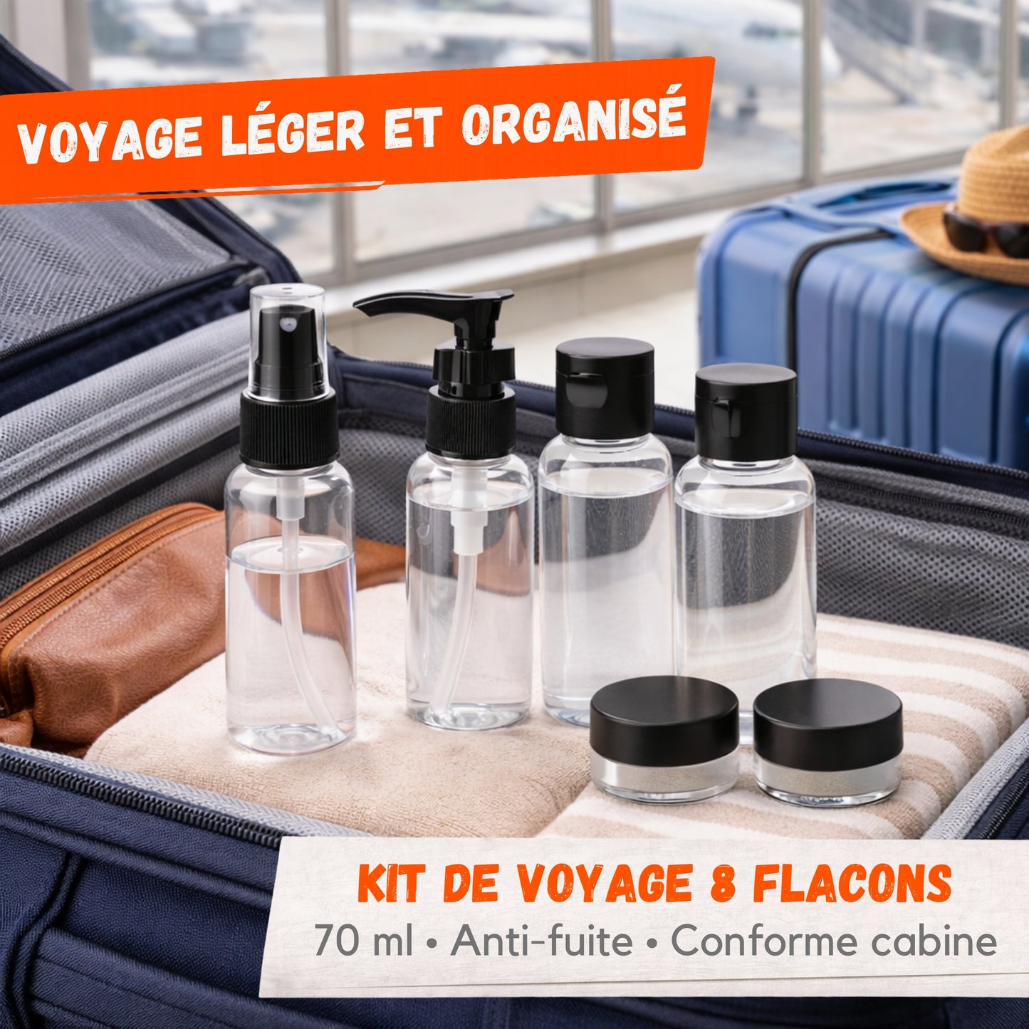 Kit Voyage Flacons 8 Pièces – 70 ml – Flacons Rechargeables Avion Cabine