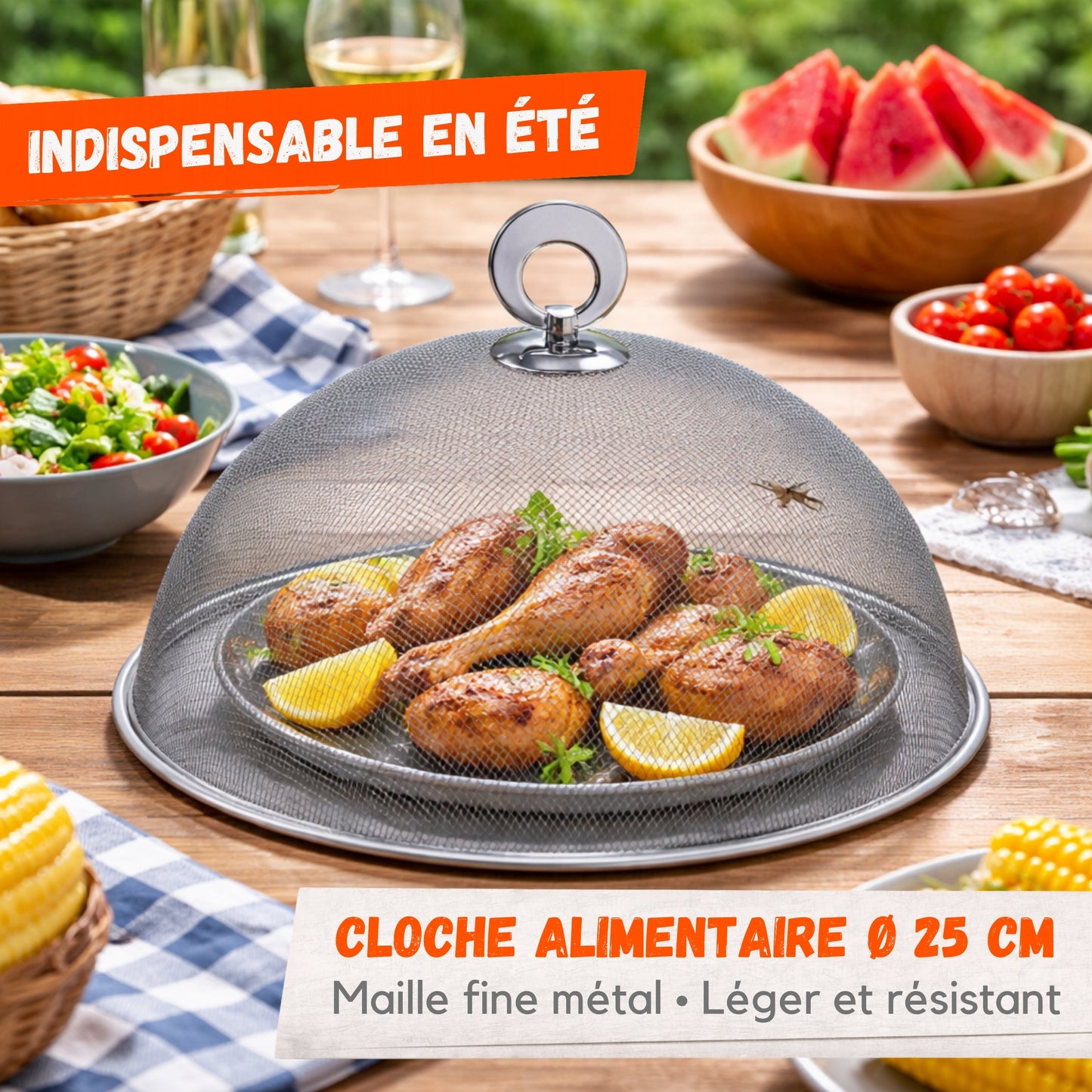 Cloche Alimentaire 25 cm Anti-Insectes – Couvercle Grille Métal