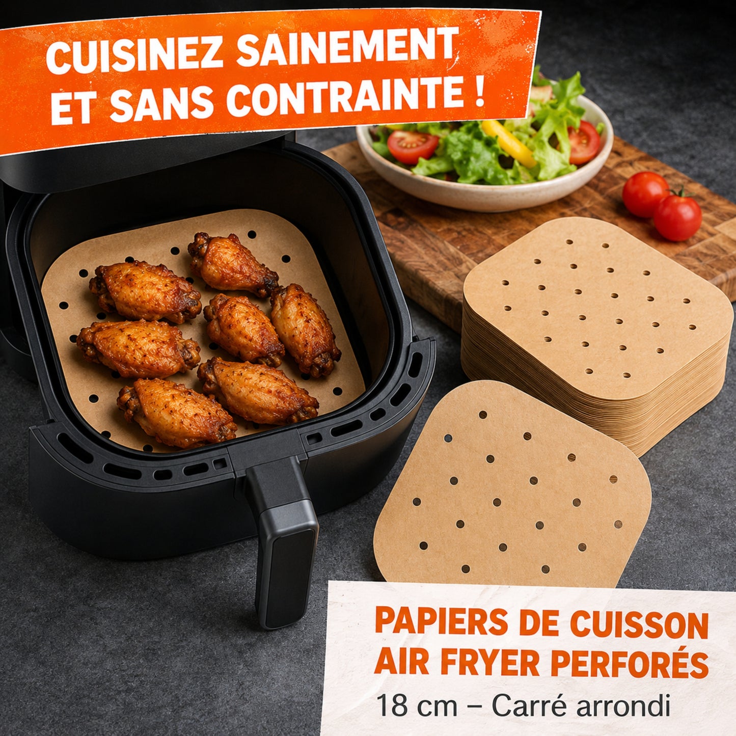 Lot de 100 Feuilles Papier Cuisson Perforés Air Fryer 18 cm