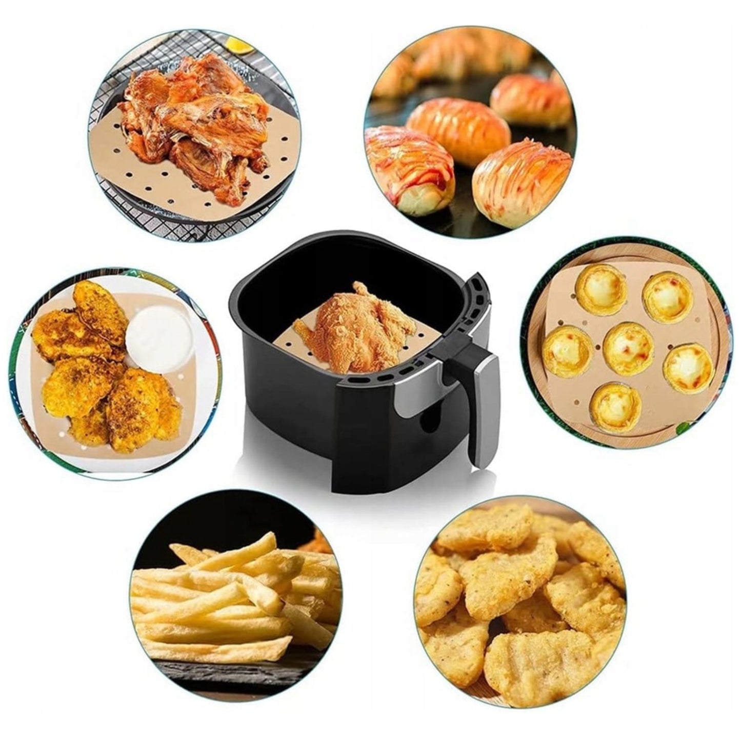 Lot de 100 Feuilles Papier Cuisson Perforés Air Fryer 18 cm
