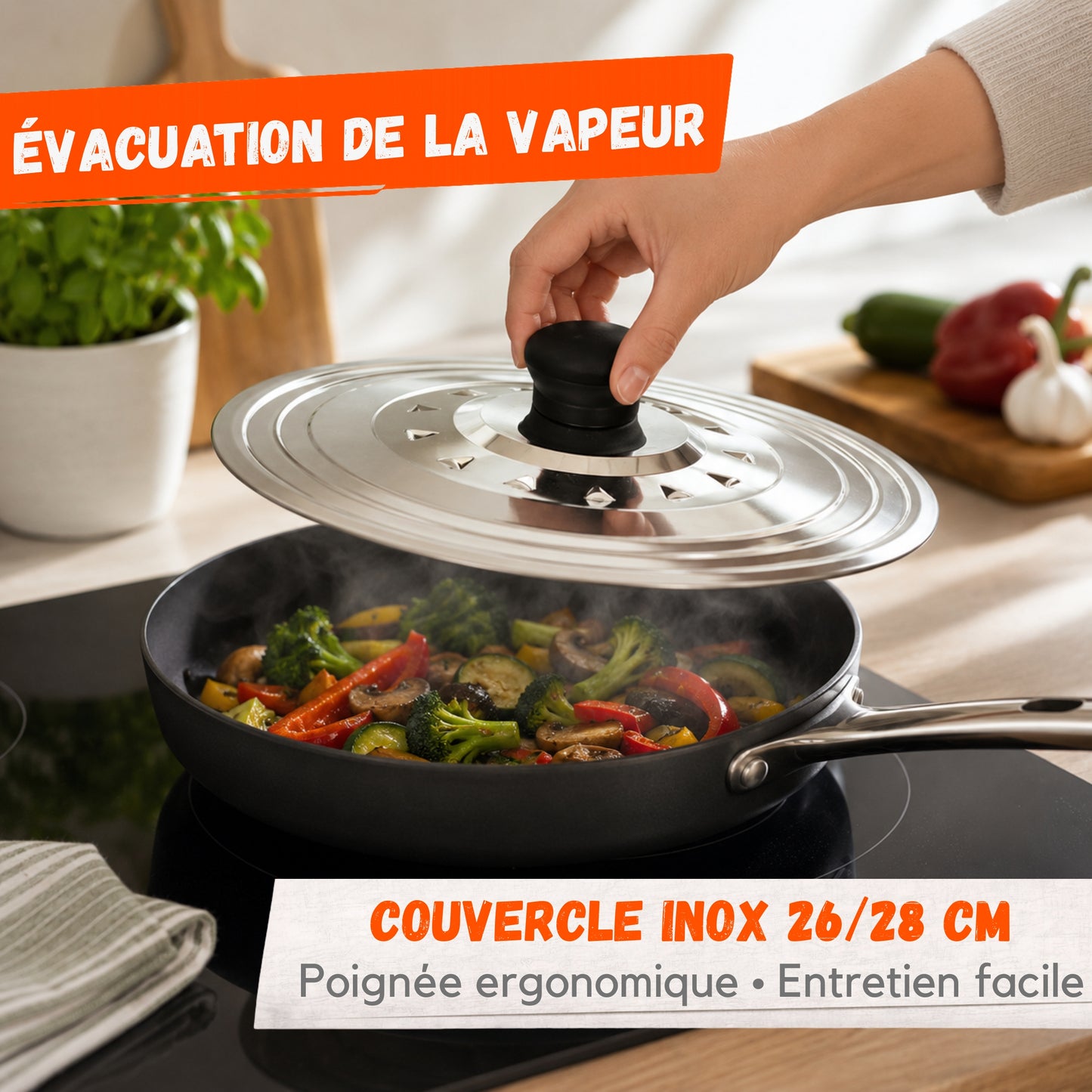 Couvercle Universel Inox 26/28 cm – Poignée Ergonomique