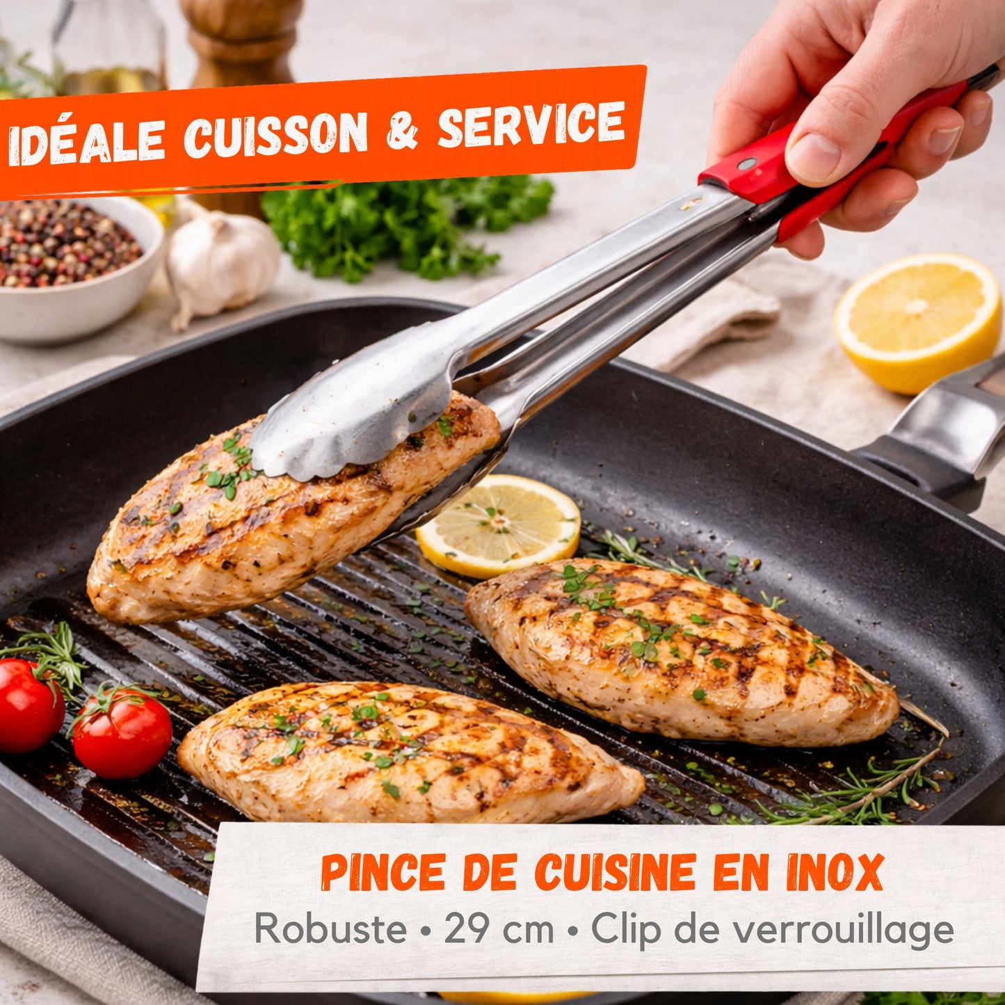 Pince de Cuisine Inox 29 cm – Anti-Dérapante – Clip Sécurité