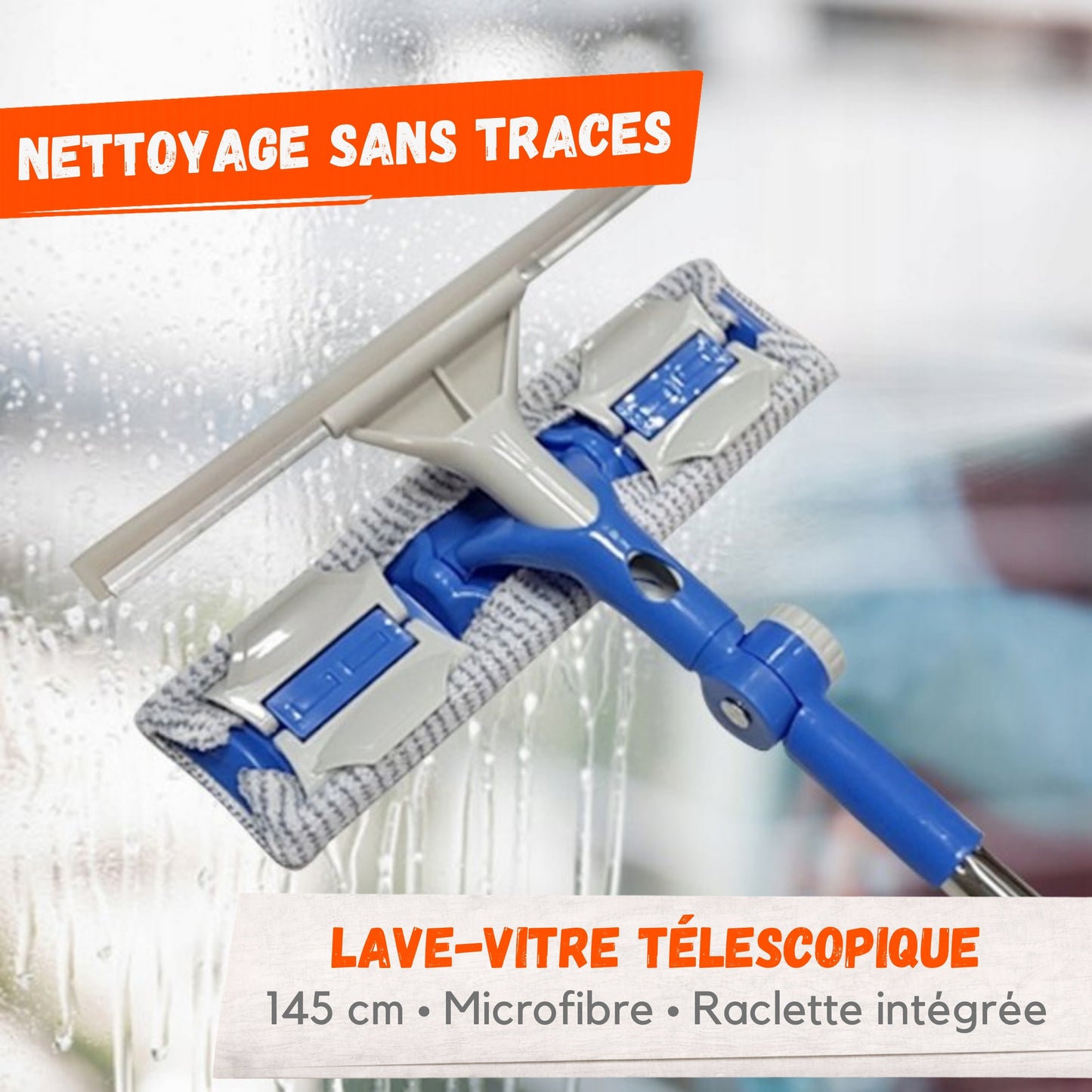 Lave-Vitre Télescopique avec Microfibre et Raclette – 145 cm