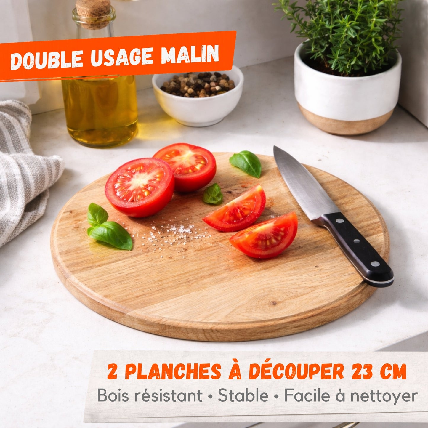 Lot de 2 Planches à Découper Rondes 23 cm – Bois