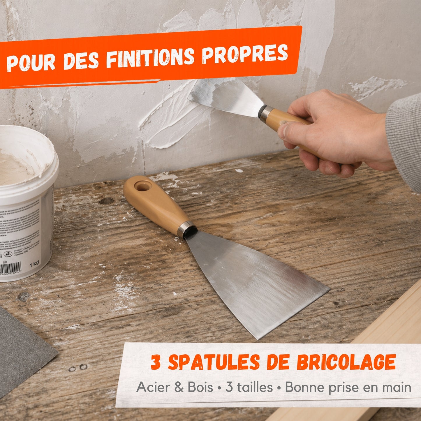 Lot de 3 Spatules Bricolage – Acier Carbone et Manche Bois