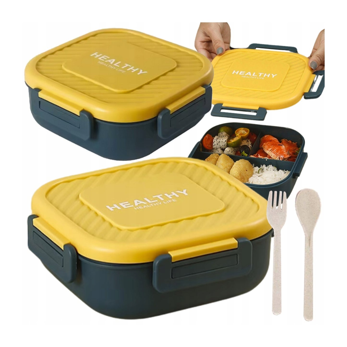 Lunch Box Compartimentée 19×19×7 cm – Hermétique avec Couverts