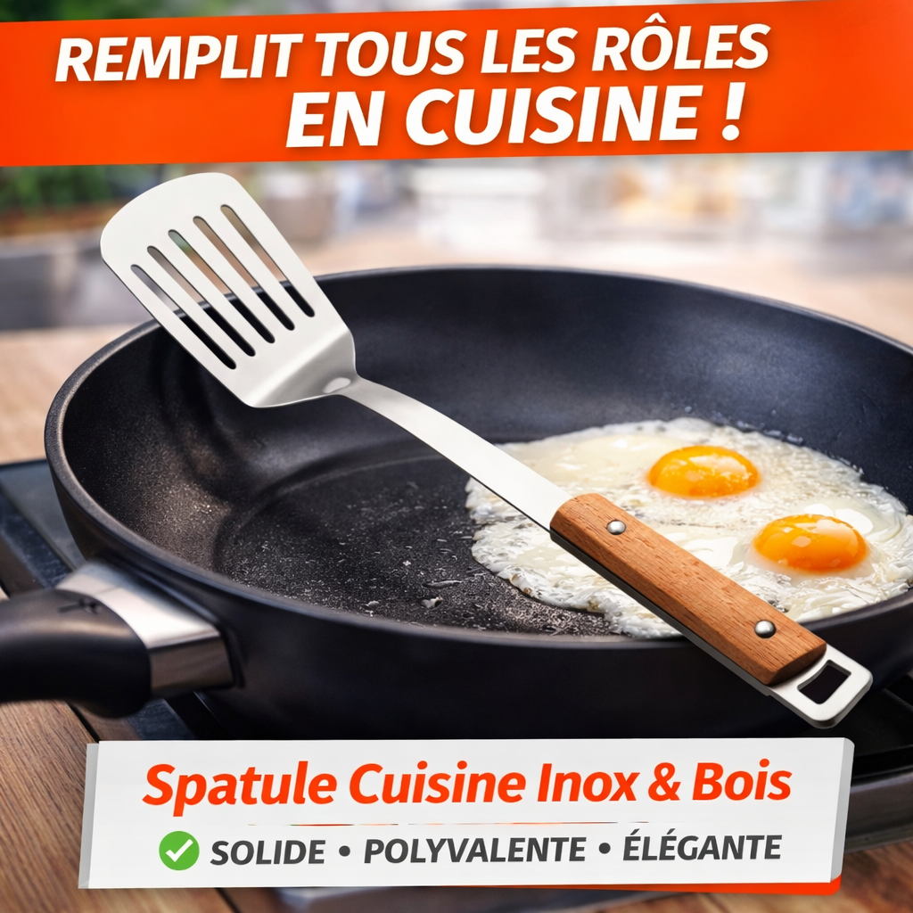 Spatola da cucina in acciaio inossidabile – Manico in legno naturale – Utensile robusto e versatile – 37x8 cm