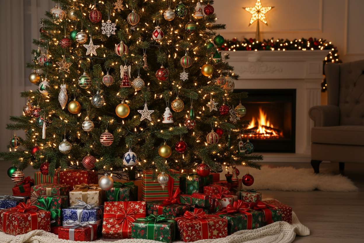 sapin de noël avec plain de cadeaux dessous, les cadeaux doivent être emballés dans du papier cadeau ,de noël